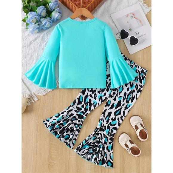 Children's Fashion Love Print Trumpet Long Sleeve T-shirt + Cow Print Trumpet Lo - Picture 2 of 5